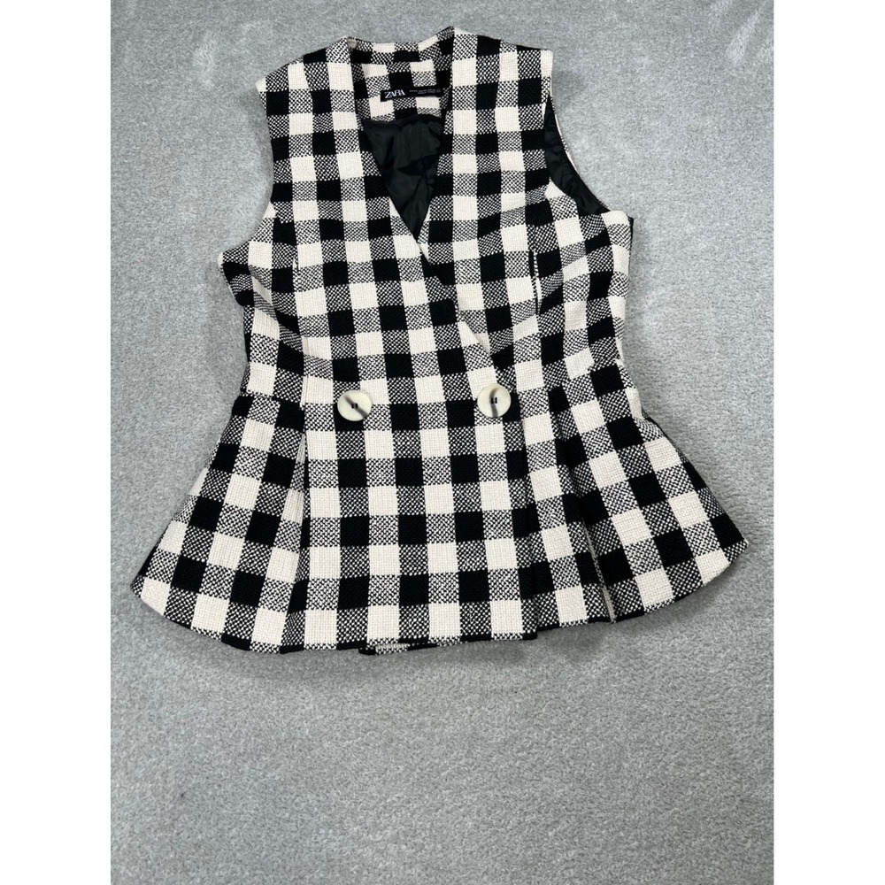 Zara Gingham Peplum Vest XS Black White Checkered Double Breasted Tweed Chic